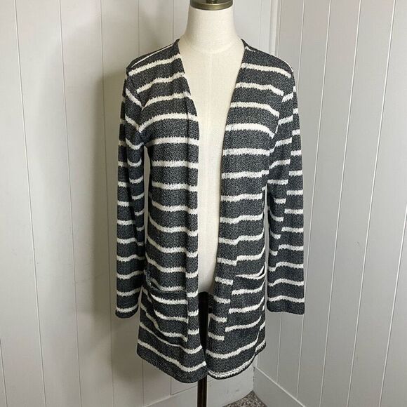 B Flawless Women's Size Large Grey White Striped Open Front Cardigan Sweater - Picture 1 of 12